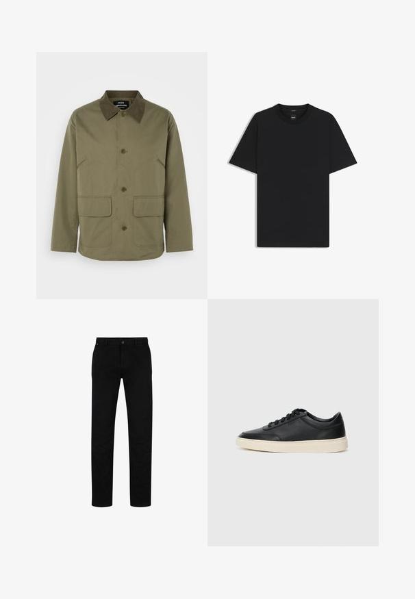 Olivgrüne Jacke mit einem braunen Wildlederkragen, ausgestattet mit zwei vorderen aufgesetzten Taschen und einer Knopfleiste, gefertigt aus einem strapazierfähigen Stoff.; Schwarz T-Shirt mit kurzen Ärmeln aus einem glatten Baumwollmix, mit Rundhalsausschnitt und einem minimalistischen Design ohne Muster oder Akzente.; Schwarze Baumwollhosen mit geradem Schnitt, featuring einen Knopfverschluss, Gürtelschlaufen und minimalistischem Design. Glatte Textur, ohne Muster.; Schwarzer niedriger Ledersneaker mit schwarzen Schnürsenkeln und cremefarbenem Sohlenrand, seitlich auf weißem Hintergrund dargestellt.