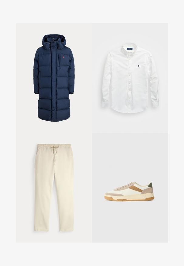 Tumši zils pūkains mētelis ar kapuci, aprīkots ar rāvējslēdzēju un pogu aizdari, izšūtu dizainu, krūšu kabatu un sarkanu logotipa akcentu augšējā kreisajā pusē.; Balts krekls ar pogām, kas izgatavots no kokvilnas. Iezīmēts ar uzgaļa tipa apkakli, garām piedurknēm un mazu tumši zilu logotipu uz krūtīm. Gluda tekstūra.; Off-white ikdienas bikses ar elastīgu jostu un auklu, taisnām kājām un sānu kabatām uz vienkārša fona.; Beige, krēmas un olīvzaļas kedas, kas izgatavotas no zamšādas un ādas materiāliem, ar apaļu purngalu, minimālistisku dizainu un gumijas zoli.
