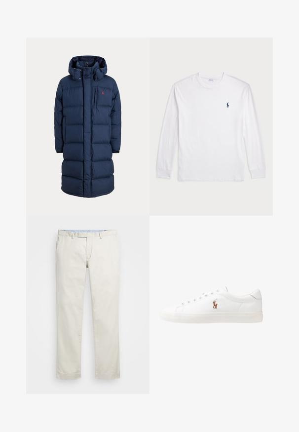 Tmavě modrý prošívaný kabát s kapucí, uzavíráním na zip a knoflíky, prošívaným vzorem, náprsní kapsou a červeným logem na levé horní straně.; Bílé tričko s dlouhým rukávem vyrobené z bavlny. Má kulatý výstřih, žebrované manžety a malé námořnické modré logo polo na levé hrudi.; Béžové bavlněné chinos kalhoty s plochým předním dílem, poutky na opasek a bočními kapsami. Rovný střih s hladkou texturou a lehkým, prodyšným pocitem.; Bílé kožené tenisky, nízký střih, s hladkým povrchem, kulatou špičkou, šněrováním v přední části a malým vyšitým logem na boku.