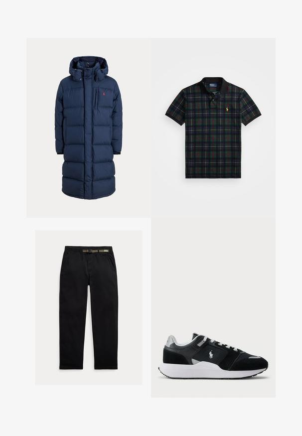 Casaco acolchoado azul marinho com capuz, apresenta fecho de correr e botões, design acolchoado, bolso no peito e detalhe do logótipo vermelho no lado superior esquerdo.; Camisa polo com padrão xadrez em verde escuro, azul marinho, vermelho e amarelo, com colarinho e punhos em preto, apresentando um pequeno logótipo amarelo bordado no peito.; Calças pretas feitas de um tecido leve, com uma cintura elástica com um cinto verde integrado, corte reto e bolsos laterais.; Sapatilha baixa em preto e branco com parte superior em malha e camurça, atacadores brancos, sola branca e um logo de jogador de polo na lateral.