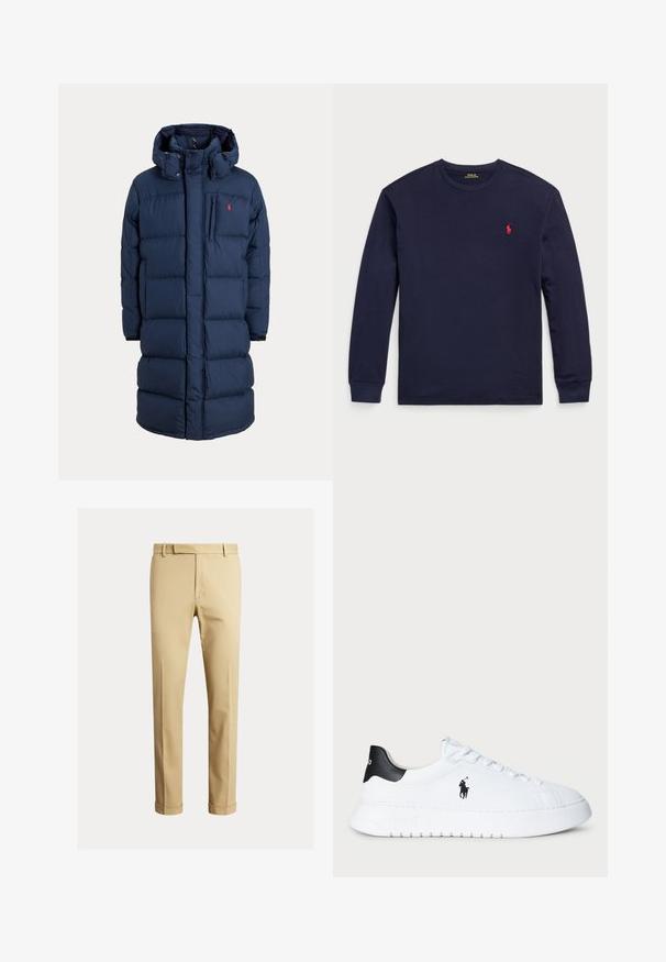Sötétkék kapucnis puffertípusú kabát, cipzáros és gombos záródással, steppelt mintával, mellkasi zsebbel, és piros logó díszítéssel bal felül.; Sötétkék, hosszú ujjú póló, puha pamutból készült. Kerek nyakkivágással és egy kis piros logóval rendelkezik a bal mellrészen. Az anyag sima tapintású.; Kaki chino nadrág, sima pamutból készült, fitted fazonú, elöl fodrokkal és bokánál szűkített kialakítással.; Fehér alacsony szárú sportcipő fekete saroktabbal és fekete Polo Ralph Lauren logóval az oldalon, fehér fűzőkkel és vastag gumitalppal.
