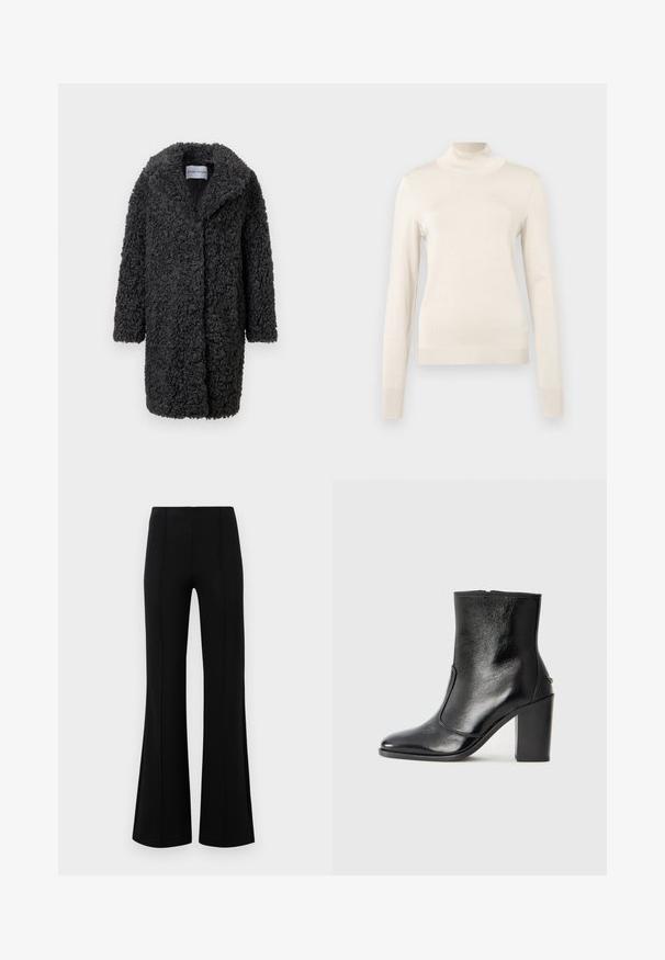 Black faux fur coat with a textured, curly surface, long sleeves, open front, and a shawl collar. No visible fastenings or accents.; Cream-colored turtleneck sweater made of soft knit fabric, featuring long sleeves and ribbed accents at the neck and cuffs.; Black flared pants with a high waist, made of stretchy fabric. Features vertical seam details on the front and a smooth texture.; Black leather ankle boot with a smooth texture, pointed toe, and a chunky high heel. Features a side opening and minimalistic design.