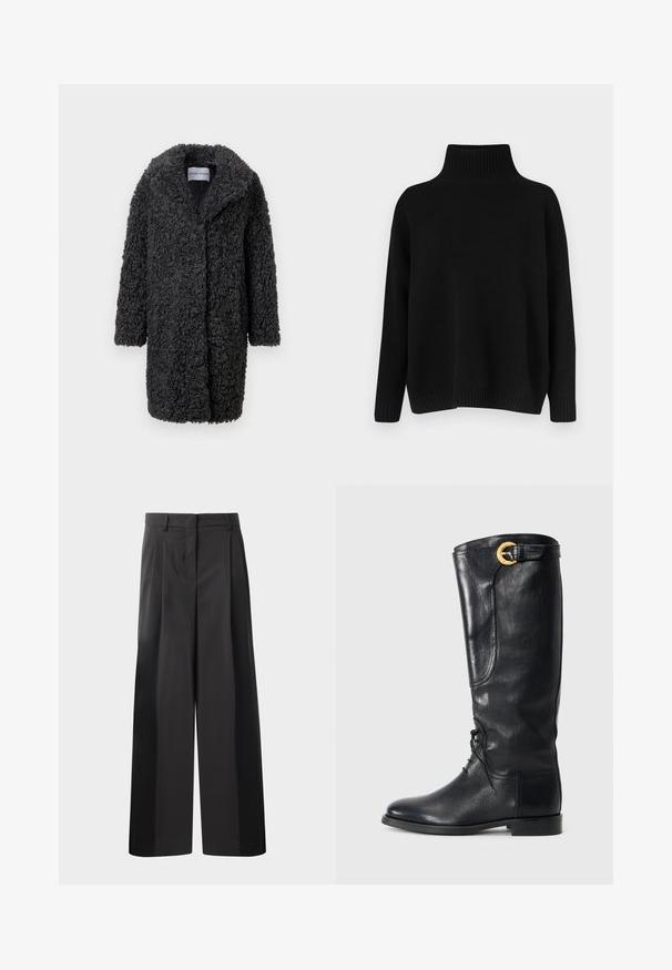 Fekete műszőrme kabát textúrált, göndör felülettel, hosszú ujjak, nyitott elülső rész és sálgallér. Nincsenek látható rögzítések vagy díszítések.; Fekete kötött pulóver magas bordázott gallérral, alacsony vállvonallal és laza szabással. Bordázott mandzsettákkal és szegéllyel rendelkezik a textúra érdekében.; Fekete, bő szárú nadrág magas derékkal, elöl plissékkel, sima felülettel és igényes kidolgozással. Kényelmes viseletre tervezve.; Fekete bőrből készült, térd fölé érő csizma, lekerekített orral, fűzős elülső résszel, oldalsó díszítéssel és arany színű csattal a tetején. Simább textúra.