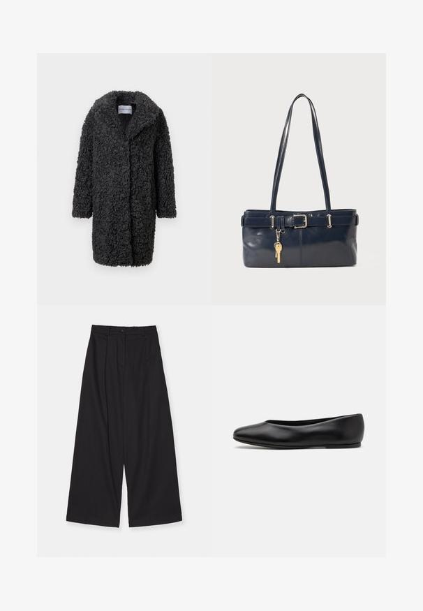Černý kabát z umělé kožešiny s texturovaným, kudrnatejm povrchem, dlouhými rukávy, otevřeným předním dílem a šálovým límcem. Bez viditelných zapínání nebo ozdob.; Bílá košile s dlouhým rukávem z hladké bavlněné směsi. Obsahuje klasický límec, přední zapínání na knoflíky a zaoblené manžety.; Černé kalhoty s širokými nohavicemi vyrobené z hladké tkaniny, s vysokým pasem, předními sklady, zapínáním na knoflík a rovnou siluetou.; Paul Smith TOPANGA - Klasické baleríny - black; Námořnická kožená kabelka s dvěma dlouhými uchy, detaily s přezkou a připevněným klíčenkou. Vyznačuje se hladkým povrchem a obdélníkovým tvarem.
