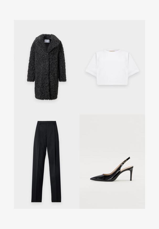 Must mustrist päiksekauss musta, tekstiilsete lokkis pinnaga, pikad varrukad, avatud esikülg ja kaelus. Ei ole nähtavaid kinnitusi ega aksessuaare.; Lühikeste varrukatega, pehmest kangast lõigatud valge T-särk, millel on ümar kaelus ja soonikuga ääred. Lihtne ja ilma kaunistusteta disain.; Mustad püksid siledast kangast, millel on kõrge vöökoht, laiad jalad, esimesed kortsud ja klassikalised vööloopid. Küljepockets pole nähtavad.; Must hõbedavärvi patendiga slingback kontsakingad terava varbaga, kitsas konts ja peene lõikega disain. Statistika on kuldne pandla rihmal.