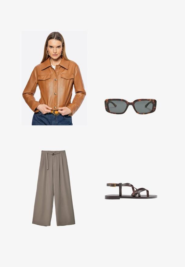 Brązowa skórzana krótka kurtka z zapięciem na guziki, kieszeniami na piersi i zakończonym kołnierzem. Charakteryzuje się starannym przeszyciem i gładką fakturą.; Biała koszulka z krótkim rękawem, wykonana z bawełny. Posiada okrągły dekolt i luźny krój. Gładka faktura bez widocznych wzorów czy akcentów.; Spodnie o szerokich nogawkach w miękkim, stonowanym szarym materiale, z paskiem w talii i plisami dla dodania detali projektowych. Gładka tekstura, bez wzorów.; Brązowe skórzane sandały z krzyżującymi się paskami, zapięciem na klamrę przy kostce oraz płaską podeszwą z minimalnymi detalami szycia.; Okulary przeciwsłoneczne w kratkę w kształcie prostokątnym, z grubymi oprawkami i ciemnymi szkłami. Gładka faktura i minimalistyczny design.