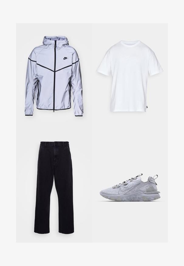 Nike Sportswear - Kurtka wiosenna; Biała bawełniana koszulka z krótkim rękawem i okrągłym dekoltem. Posiada małe, dyskretne logo Nike na piersi oraz metkę po boku.; Czarne dżinsowe spodnie o prostym kroju, z zapięciem na guzik i zamek błyskawiczny, szlufkami na pasek oraz minimalnymi detalami w szwach.; Jasnoszare buty sportowe z oddychającą siateczką na górze, teksturowaną gumową podeszwą i odblaskowymi akcentami. Posiadają wyściełane kołnierze i sznurowanie.