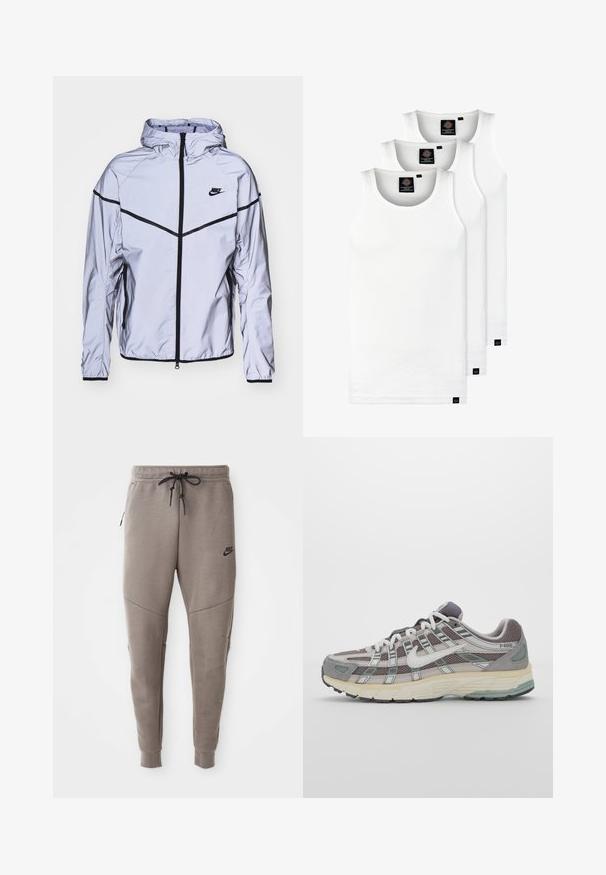 Nike Sportswear Tunn jacka - reflect silver; Tre vita ribbade linnen i bomull. Har rund halsringning och små svarta etiketter vid fållen. Finns i flera storlekar.; Grå Nike sweatpants med dragsko i midjan, avsmalnande ben, sidofickor och tydlig sömdekoration. Mjuk, strukturerad tyg.; Grå atletiska sko med en överdel av mesh och mocka, vita accenter, en vadderad sula och en unik design med reflekterande element.