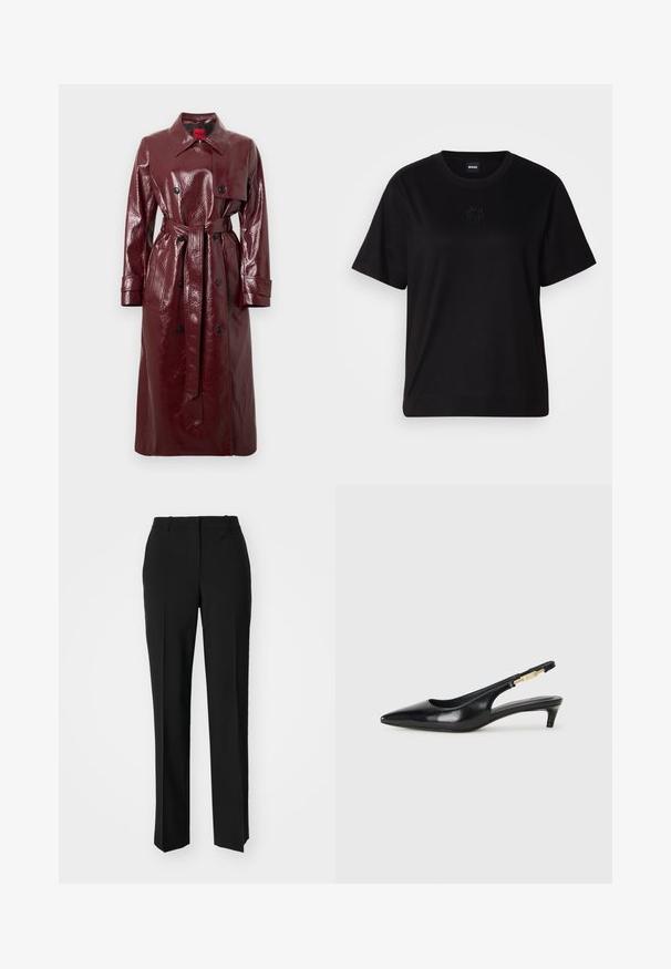 Bordo blizgus tranšėjos paltas su diržu juosmenyje, dvigubo sagstymo priekyje, dideliais atlapais ir dviem priekinėmis kišenėmis. Lygus, blizgus paviršius.; Juodas medvilninis marškinėliai su apvalia iškirpte, trumpomis rankovėmis ir siuvinėjimu ant krūtinės. Paprastas, laisvas siluetas be raštų.; Juodi pritaikyti kelnių modeliai su tiesiomis kojomis, pasižyminčios lygiomis tekstūromis ir ryškiomis klostėmis priekyje. Nėra matomų detalių.; Juodas odinis pavasario batelių modelis su smailiu nosiu, turintis siaurą kulniuką ir auksinės spalvos akcentu reguliuojamoje juostoje. Lygi tekstūra.