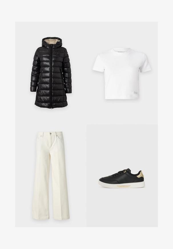 Casaco puffer preto com fecho éclair na frente, capuz e dois bolsos laterais. Feito de material brilhante com um padrão acolchoado e design leve.; T-shirt cropped branco feito de algodão suave, com um decote alto e mangas curtas. Pequeno logótipo bordado no canto inferior.; Calças jeans brancas de perna larga, feitas de tecido de algodão misto. Apresentam fecho de correr, design de cinco bolsos e costura ao longo das costuras.; Sapatilha preta em couro com textura suave, sola de borracha branca, detalhes em dourado no calcanhar e nos ilhós, apresentando um logotipo na lateral.