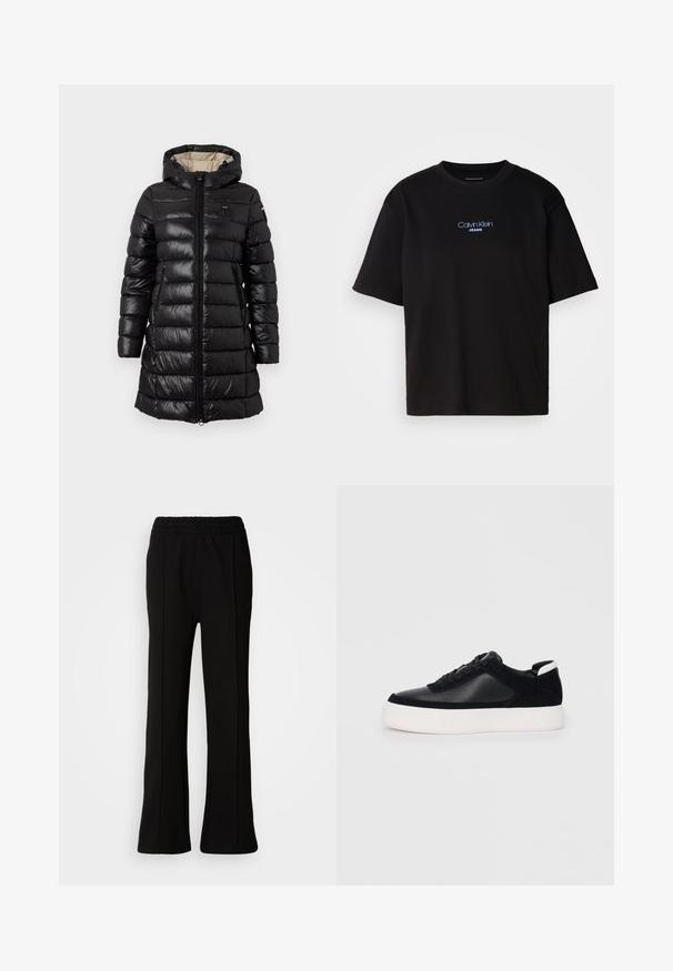 Čierna péřová bunda s predným zipsom, kapucňou a dvoma bočnými vreckami. Vyrobená z lesklého materiálu s prešívaným vzorom a ľahkým dizajnom.; Čierne bavlnené tričko s okrúhlym výstrihom, krátkymi rukávmi a modrým vyšívaným logom "Calvin Klein JEANS" na prednej strane.; Čierne elastické nohavice s rozšíreným strihom, s čistými líniami a bez viditeľných ozdôb. Vyrobené zo hladkej, elastickej látky.; Čierne tenisky s hladkou kožou a semišovými panelmi, plochými šnúrkami, zaoblenou špičkou a bielou gumovou podrážkou. Výrazné logo na päte.