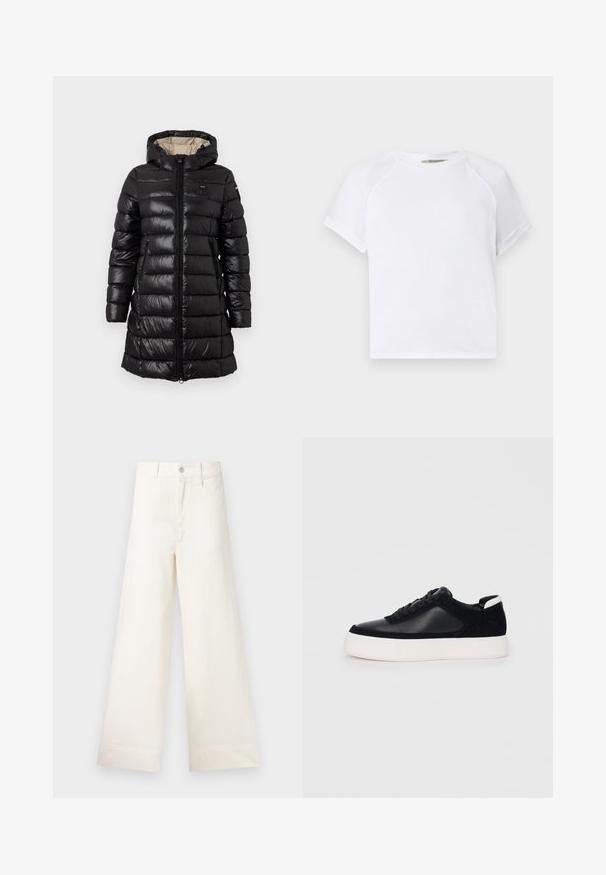 Black puffer coat featuring a zippered front, hood, and two side pockets. Made from glossy material with a quilted pattern and lightweight design.; White cotton t-shirt with a crew neckline, short raglan sleeves, and a relaxed fit. Smooth texture with no visible patterns or accents.; Wide-leg trousers in light beige cotton. Features a high waist, front pockets, and a straight cut. Clean hem finishing without patterns.; Black sneaker with smooth leather and suede panels, flat laces, rounded toe, and a white rubber sole. Distinct logo on the heel.