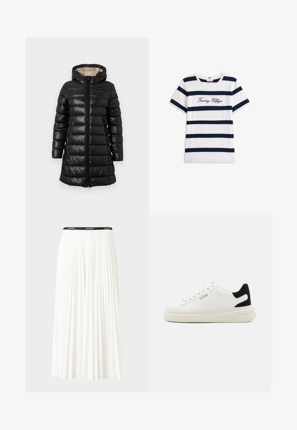 Doudoune noire avec un zip sur le devant, une capuche et deux poches latérales. Fabriquée en matériau brillant avec un motif matelassé et un design léger.; T-shirt en coton avec des rayures horizontales bleu marine sur un fond blanc. "Tommy Hilfiger" brodé en écriture cursive sur la poitrine. Encolure ras du cou.; Jupe plissée blanche avec une taille élastique noire portant le logo "LACOSTE". Design mi-long avec une texture douce.; Baskets en cuir blanc avec une épaisse semelle blanche, un accent en daim noir au niveau du talon et un logo embossé sur le côté. Design à lacets avec six œillets.