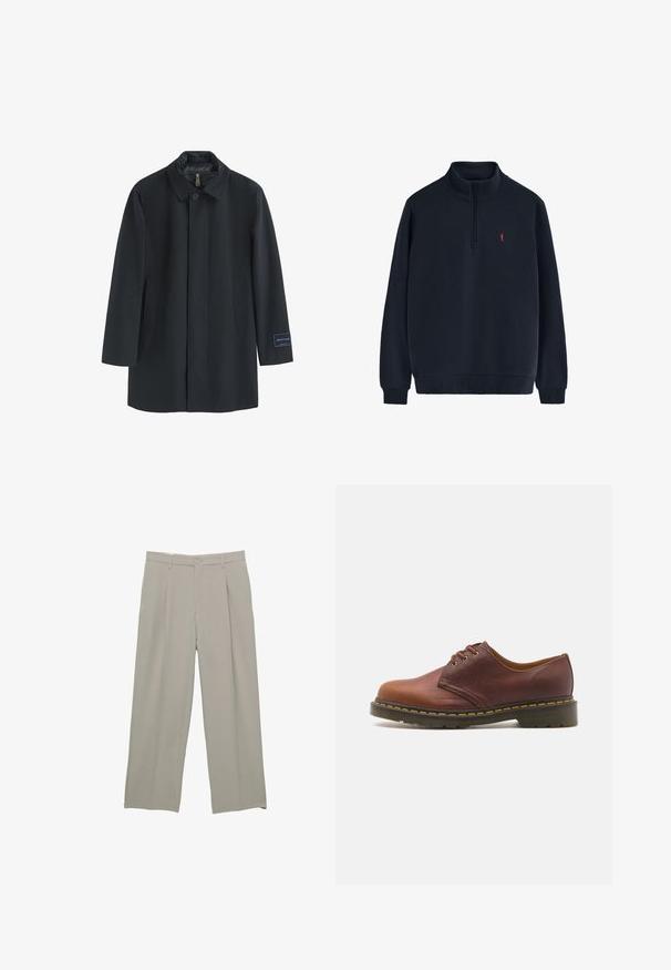 Czarny płaszcz z zapięciem na guziki i stojącym kołnierzem. Posiada dwie boczne kieszenie oraz metkę materiałową na lewym rękawie. Gładka tekstura.; Granatowy polarowy sweter z zamkiem błyskawicznym do połowy. Posiada małe czerwone logo na klatce piersiowej oraz ściągacze przy mankietach i na dole. Miękka w dotyku tekstura.; Jasnoszare spodnie o szerokich nogawkach, o gładkiej fakturze, z frontowymi zakładkami, zapięciem na guzik i kieszeniami bocznymi.; Brązowy skórzany but o gładkim wykończeniu, okrągłym nosku i pięciu oczkach do sznurowania. Posiada żółte przeszycia wzdłuż podeszwy oraz teksturowany obcas.
