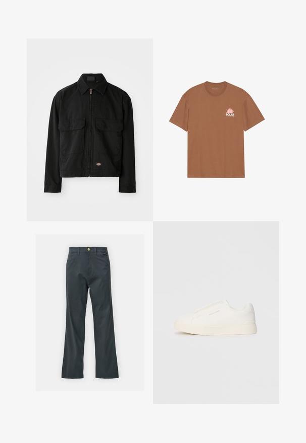 Casaco de algodão preto com fecho de zip, gola de bico, dois bolsos frontais de remendo e etiqueta com logótipo na bainha. Textura suave, design casual.; T-shirt castanho de manga curta em algodão, com um gráfico de sol rosa e o texto "SOLAR" no lado esquerdo do peito. Design de gola redonda.; Calças pretas com corte reto, feitas de um tecido em mistura de algodão. Apresenta um fecho com botão metálico e bolsos laterais. Sem padrões visíveis.; Sapatilhas brancas de atacar com uma superfície texturizada, sola grossa e design minimalista. Possui o logo da marca na lateral.