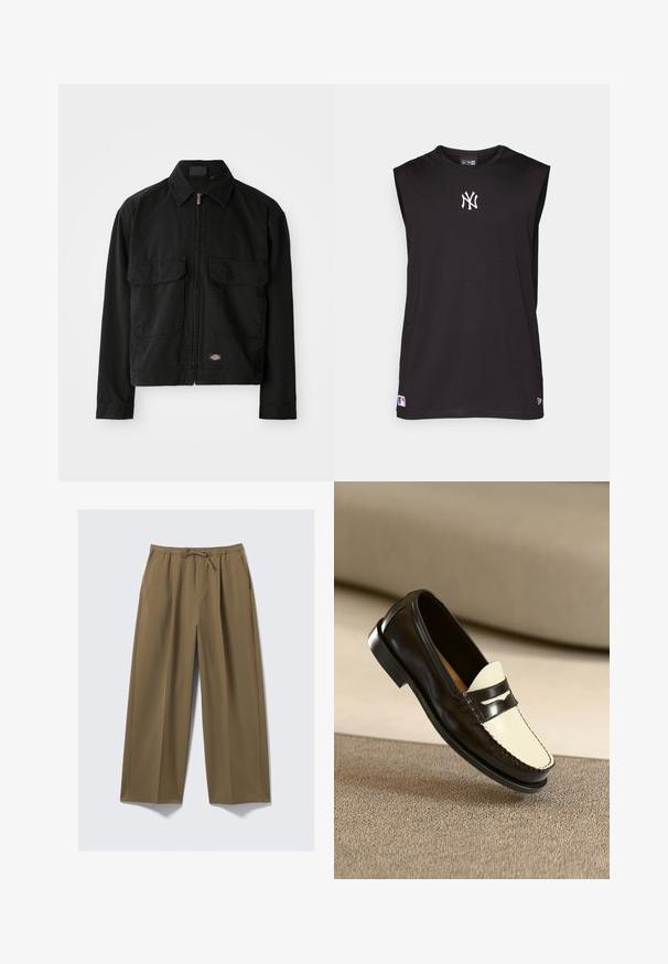 Casaco de algodão preto com fecho de zip, gola de bico, dois bolsos frontais de remendo e etiqueta com logótipo na bainha. Textura suave, design casual.; Camisola preta sem mangas feita de tecido suave, com um logótipo bordado branco e uma pequena etiqueta de logótipo na bainha.; Calças largas em verde oliva, feitas de tecido suave com um cós elástico e cordão ajustável. Apresenta dois bolsos laterais.; Mocassim de couro preto com uma pala em tom creme e riscas pretas de destaque, apresentando um salto baixo e costura detalhada ao longo das bordas.