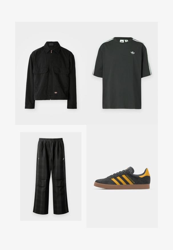 Črna bombažna jakna z zadrgo, ovratnikom v obliki pika, dvema sprednjima žepoma in logotipom pri robu. Gladka tekstura, sproščen dizajn.; Črna bombažna majica s kratkimi rokavi, okroglim vratom in belo trikratno črtasto okrasitvijo na ramenih. Na prsih majhen beli logotip.; Črne karirane hlače z elastičnim pasom, dvema sprednjima žepoma in ohlapnim krojem s pravimi nogavicami. Narejene so iz lahke tkanine.; Črne semiš tene z rumenimi akcenti, ki vsebujejo tri trakove in rjavo gumo podplat. Vključujejo oblazinjeno jezik za udobje.