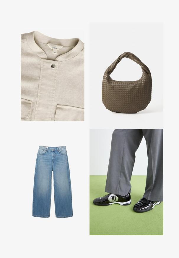Beige linnen shirt met een ronde kraag, centrale drukknoopsluiting en twee voorzakken. Heeft een subtiele textuur en een minimalistisch ontwerp.; Zwarte eenpiece badpak met een diepe V-hals en gekruiste rugbanden. Gemaakt van gladde stof met een strakke, aansluitende pasvorm.; Lichtblauwe wijde jeans van denim, met een klassieke vijf-pocketontwerp en een knoopsluiting. Verbleekte textuur overal.; Zwarte gepatineerde leren sneakers met een zilveren "90" detail, met een textuur oppervlak en vetersluiting, gecombineerd met grijze wijde broeken.; Geweven olijfgroene handtas met een ronde vorm en een gedraaide handgreep. De textuur heeft een diagonaal patroon. Ritssluiting.