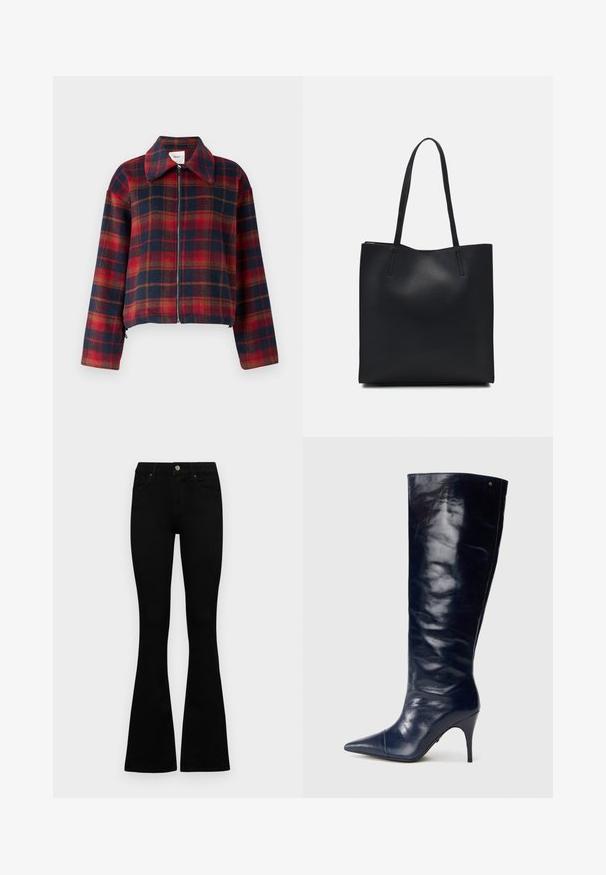 Object OBJSELINE JACKET - Veste légère - sky captain; T-shirt noir à manches courtes avec un col rond, fabriqué en coton doux. Design simple, sans logos ni motifs visibles.; Jean noir taille haute avec fermeture à bouton et à zip, poches avant et jambes évasées, posés à plat sur un fond blanc.; Botte en cuir marine hauteur genou, finition brillante, bout pointu, talon aiguille fin, design épuré, avec un subtil accent doré.; Sac fourre-tout en cuir noir avec une texture lisse, de forme rectangulaire et deux longues poignées. Pas de matériel ou d'ornementations visibles.