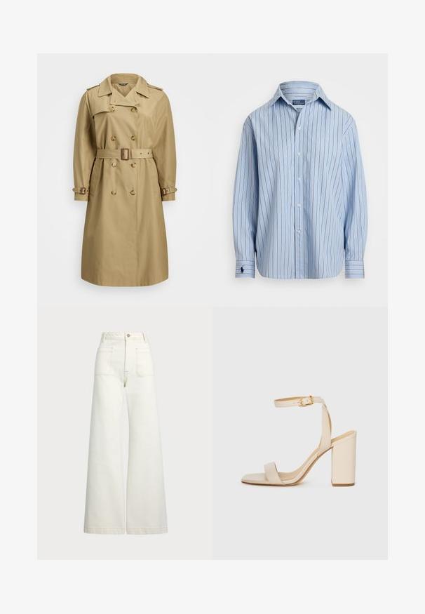 Beež trench-kate, millel on topeltrinda esiosa, suured kraed, vöödiga vöökoht ja reguleeritavad mansetid; sile materjal koos klassikalise disainiga.; Heledad siniste särk kergete helesiniste toonide ja valgete ning pruuni vertikaalsete triipudega, nööbid ees, ning väike logo vasakul varrukal. Pehme kangas.; Laiad teksad heledast denimist. Kõrge vöökoht, nööbivöö, kaks esikotitäit ja kontrastsed õmblused.; Beez värvi kõrge kontsaga sandaal ruudukujulise varba, peene pahkluu rihma ja plokknupuga. Sile nahk текстuur kuldse pandlaga detailiga.