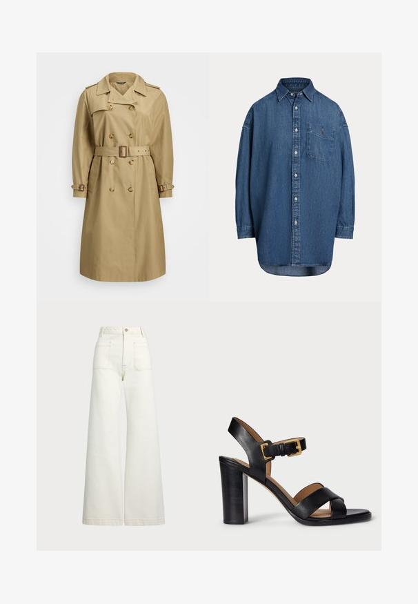 Šviesiai rudas trenčkotis su dviguba priekiu, dideliais atlapais, diržo juosmeniu ir reguliuojamais rankogaliais; lygus audinys su klasikinio dizaino akcentais.; Tamsiai mėlynas džinsinis marškiniai su mygtukais. Turi krūtinės kišenę, ilgomis rankovėmis ir laisvą siluetą. Ploni siuvimo detalės palei siūles.; Plati kojinės džinsai of white denimo. Aukštas liemuo, su mygtuko uždarymu, dviem priekinėmis kišenėmis ir kontrastingai siuvinėjimu.; Juodos odinės basutės su aukštu kulnu, su kryžminio dirželio dizainu ir sagties uždarymu. Su stambiu kulnu ir lygiu paviršiumi.