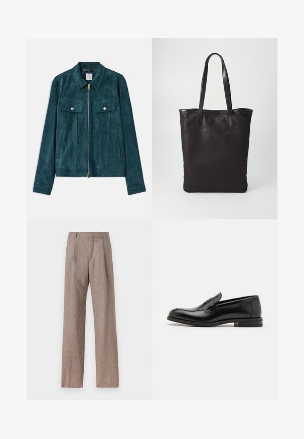 Az égszínkék velúrbőr dzseki, gallérral, cipzáras záródással, elülső zsebekkel és ezüst színű hardverrel rendelkezik. Függőleges panelek és sima textúra jellemzi.; Fehér, hosszú ujjú, gombos ing pamutból, mellzsebbel, tónusos hímzéssel, gallérral és gombos mandzsettával.; Barna, magas derekú nadrág texturált anyagból. Széles szárai és két elülső redője biztosítja a struktúrát. Ízléses kivitel, látható fémszerelés nélkül.; Fekete bőr loaferek sima textúrával, kerek orral és dekoratív pánttal a vampnál. Alacsony, rétegelt sarkú, minimalista dizájn.; Fekete vászontáska fekete bőr füllel. Egyszerű dizájn, tágas test és sima textúra. Nincsenek látható logók vagy minták.