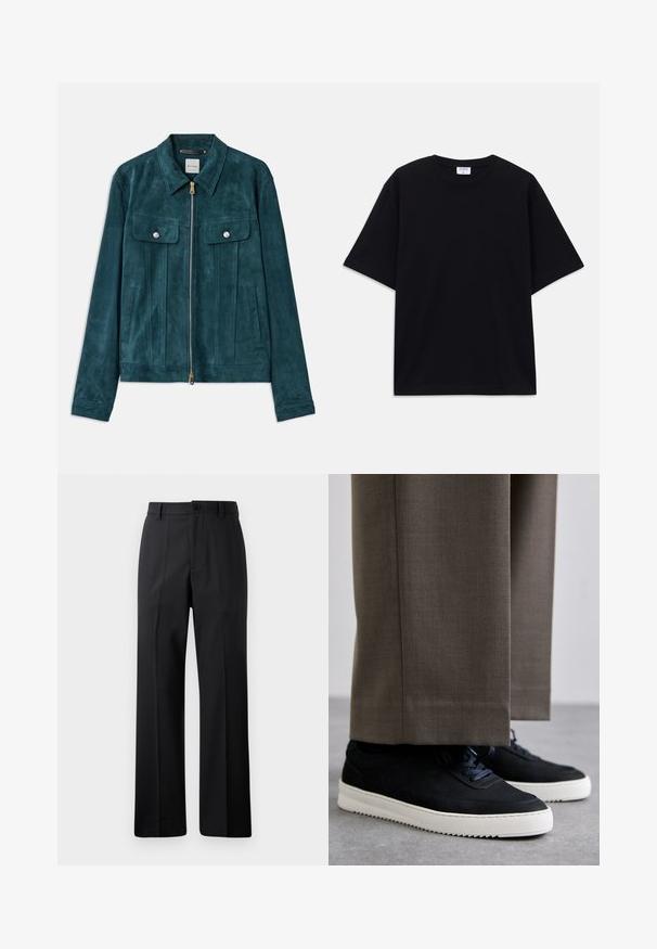 Žalia suede striukė su apykakle, užtrauktuku, priekinėmis kišenėmis ir sidabriniais detalėmis. Turtinga vertikalių juostų struktūra ir sklandus paviršius.; Juodas trumpas rankovėmis per didelis marškinėliai su apvaliu iškirpimu ir matoma Filippa K prekės ženklo etiketė vidinėje apykaklės pusėje.; Juodos tiesios kojos kelnes su diržo kilpomis, priekyje mygtukas ir užtrauktukas, pateiktos prieš paprastą baltą foną.; Juodi zomšiniai sportbačiai su baltais guminiais padais, su apvalia nosimi ir raišteliais, dėvimi su pilkais pritaikytais kelnais.