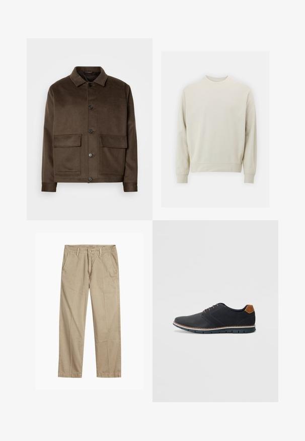 Jachetă din amestec de lână de culoare maro, cu guler clasic, patru buzunare frontale, închidere cu nasturi și textură netedă. Design slim fit.; Sweatshirt bej deschis, realizat dintr-un material moale, cu guler rotund, mâneci lungi și manșete și tiv din țesătură elastică. Design minimalist, fără modele vizibile.; Chino bej cu picior drept, cu bucle pentru curea, închidere cu nasture și fermoar în față, și buzunare laterale înclinate.; Pantofi sintetici negri cu un superior texturat, accente netede, toc maro și o talpă contrastantă. Prezintă un șnur minimalist și detalii de cusătură.