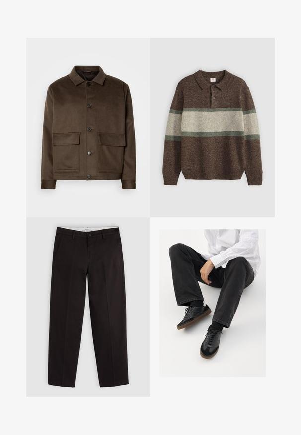 Casaco de mistura de lã castanho com um colarinho clássico, quatro bolsos frontais, fecho de botão e uma textura suave. Design ajustado.; Pulôver tricotado castanho com gola e três botões. Apresenta largas riscas horizontais em bege e verde. Tecido texturizado com punhos canelados.; Chinos pretos de perna reta com passantes para cinto, fecho de botão e bolsos laterais, exibidos sobre um fundo cinza-claro.; Sneakers pretos com parte superior lisa e texturada, apresentando uma sola de borracha e atacadores escuros. Combinados com jeans pretos e uma camisa branca às riscas.