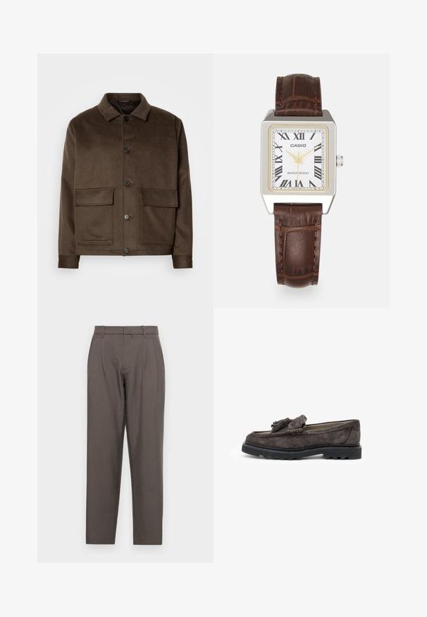 Bruine wolmix jas met een klassieke kraag, vier voorzakken, een knoopsluiting en een gladde textuur. Slim fit ontwerp.; Bruine polo shirt van gladde stof, met een ritskraag, korte mouwen en een getailleerde pasvorm. Geen patronen of accenten zichtbaar.; Jack & Jones JPSTBILL JJDAYTONA WIDE - Broek - pavement; Donkergrijze suede loafers met een franje accent aan de voorkant, platte rubberen zool en contrasterende stiksels langs de rand.; Casio rechthoekige horloge met een witte wijzerplaat, gouden accenten, Romeinse cijfers en een bruine lederen band met krokodillenpatroon. Waterbestendig ontwerp.; Zilveren hoopoorbellen met grote, ronde, witte parels. Het ontwerp heeft een gladde textuur en een veilige sluiting voor bevestiging.