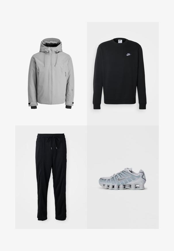 Light gray, insulated jacket with a hood, front zipper, and side zip pockets. Features adjustable cuffs and a smooth, water-resistant texture.; Black sweatshirt made of soft fabric, featuring a round neckline, long sleeves, ribbed cuffs, and a small white Nike logo on the chest.; Black drawstring waist casual pants with side seam pockets and straight leg cut on a plain background.; Light gray Nike sneakers with a textured upper, mesh detailing, and a unique cushioned sole featuring multiple rounded pods.