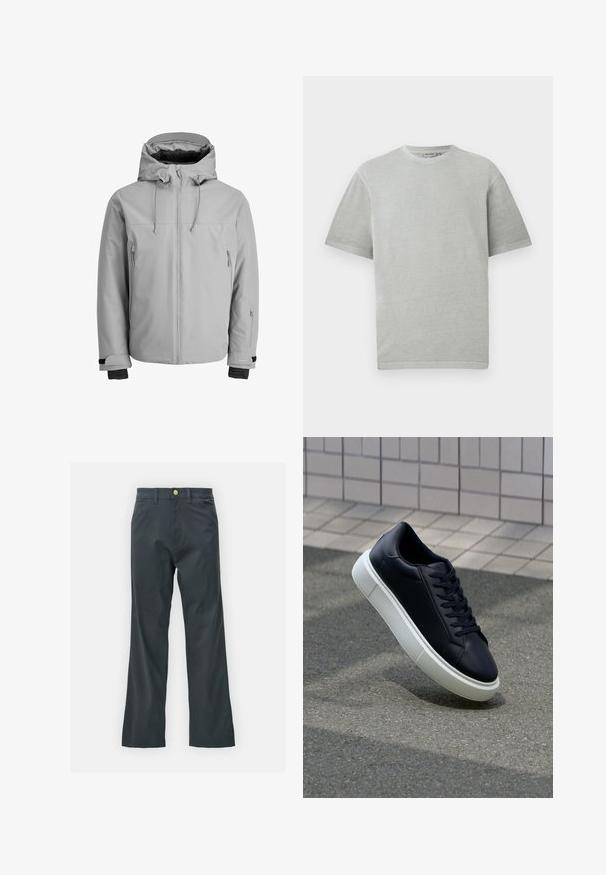 Svjetlosiva, izolirana jakna s kapuljačom, prednjim patentnim zatvaračem i bočnim džepovima na patent. Ima podesive manžete i glatku, vodoodbojnu teksturu.; Svetlo siva majica s kratkimi rokavi in okroglim izrezom, prikazana na enobarvni beli podlagi.; Črne hlače s ravnim krojem, izdelane iz mešanice bombaža. Imajo kovinsko zaponko in stranske žepe. Brez vidnih vzorcev.; Črne usnjene superge z zaobljenim prstom in belim gumijastim podplat. Imajo ravne vezalke in minimalno šivanje na zgornjem delu. Teksturirani podplat za oprijem.