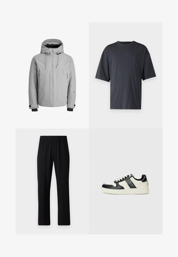 Lys grå, isolert jakke med hette, frontglidelås og sidelommer med glidelås. Har justerbare mansjetter og en glatt, vannavstøtende tekstur.; Mørk grå kortermet t-skjorte laget av lett bomull, med løs passform og klassisk rund hals, med ensartet tekstur og uten mønstre.; Svart, elastisk midjebukser med rett ben-design, med en glatt tekstur og uten synlige mønstre eller maskinvare.; Lædersneakers med sort og creme farveskema, der har perforerede detaljer, en polstret krave og en struktureret ydersål.