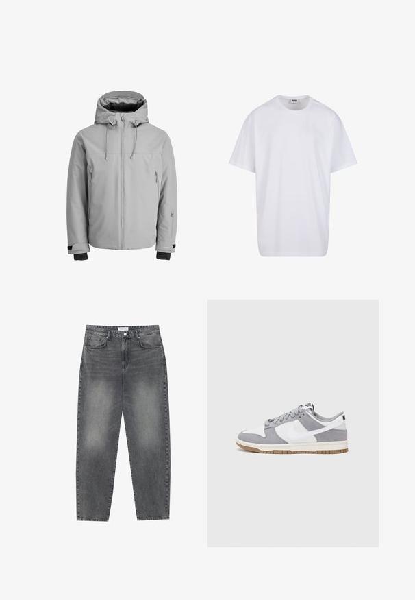 Light gray, insulated jacket with a hood, front zipper, and side zip pockets. Features adjustable cuffs and a smooth, water-resistant texture.; White cotton t-shirt with short sleeves, rounded neckline, relaxed fit, and no visible logos or patterns. Smooth texture and minimal design.; High-waisted, loose-fitting jeans in faded black denim. Features five pockets, belt loops, and a clean, straight leg design.; Gray and white sneaker with a suede and leather upper, rounded toe, flat laces, and a rubber sole featuring a gum accent.