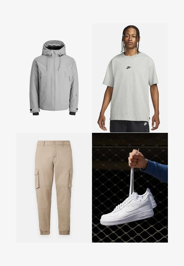 Lys grå, isoleret jakke med hætte, frontlynlås og sidelommer med lynlås. Har justerbare ærmer og en glat, vandafvisende overflade.; Ung person med fletninger iført en lys grå Nike T-shirt og sorte Nike shorts mod en ensfarvet hvid baggrund.; Beige cargo bukser i et letvægts bomuldsstof. Har elastiske manchetter, flere sidelommer og en knaplukning.; Hvide lædersneakers med perforeringer, rund tå, flad sål og tykke snørebånd, med et synligt swoosh-logo og "AIR" på hælen.