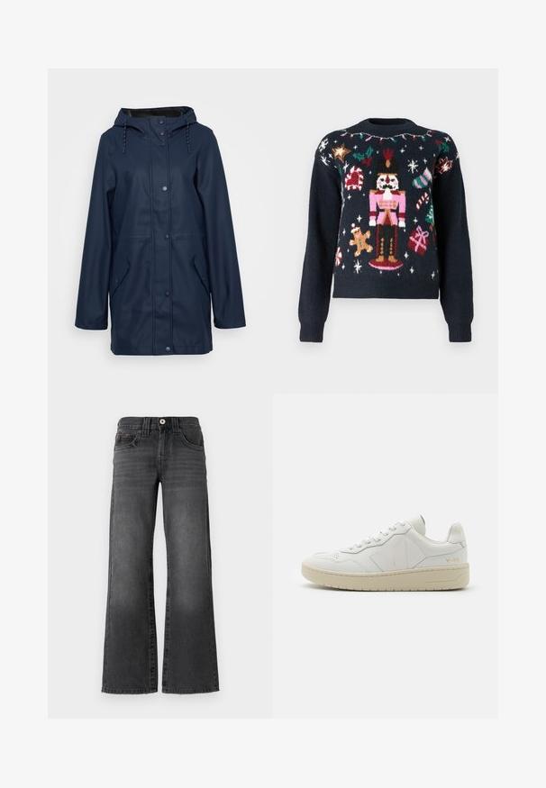 Marine waterdichte regenjas met capuchon, drukknoopsluiting, twee zijzakken en verstelbaar trekkoord bij de hals. Glad van textuur.; Marineblauwe trui met feestelijke breipatronen, waaronder een muziekkappelle, een peperkoekman, suikerstokken en cadeaus met veelkleurige accenten.; Wijdere spijkerbroek van donkergrijze denim. Bevat vijf zakken, een knoopsluiting en subtiele vervaging op de stof. Klassieke stiksels als accent.; Witte leren sneakers met geperforeerde teendoos, contrasterende beige rubberen zool en logo-accenten op de zijkant en hiel. Minimalistisch ontwerp.