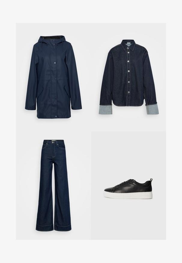Námořnická voděodolná pláštěnka s kapucí, patentkami, dvěma bočními kapsami a nastavitelným stahováním na krku. Hladký povrch.; Tmavě modrá džínsová košile s špičatým límcem, stříbrnými knoflíky a kontrastními světle modrými manžetami. Má uvolněný střih a boční rozparky.; Tmavě modré vysoké kalhoty s širokými nohavicemi, předními kapsami, poutky na opasek, zapínáním na knoflík a viditelným švem na bílém pozadí.; Černé nízké kožené tenisky s černými tkaničkami a bílou silnou gumovou podrážkou, zobrazené z vnější strany na bílém pozadí.