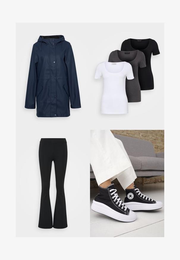 Námořnická voděodolná pláštěnka s kapucí, patentkami, dvěma bočními kapsami a nastavitelným stahováním na krku. Hladký povrch.; Tři přiléhavé trička v bílé, šedé a černé barvě. Každé má široký výstřih a krátké rukávy. Vyrobeno z hladké, pružné tkaniny.; Černé zvonové kalhoty vyrobené z elastického materiálu, s vysokým pasem a hladkou texturou. Kalhoty se rozšiřují od kolene.; Černé vysoké tenisky s bílými gumovými podrážkami a tkaničkami. Mají kulatou nášivku s logem a kontrastní bílé prošití. Materiál plátno.