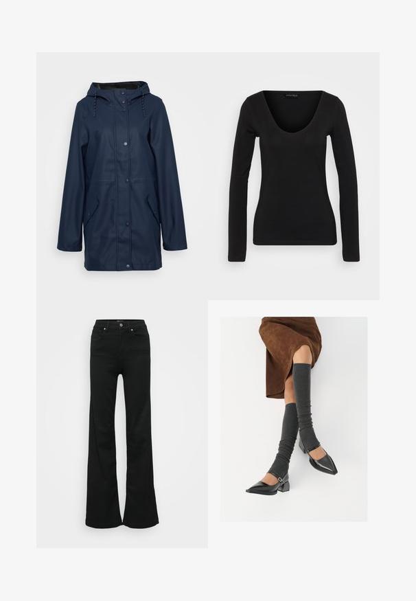 Granatowa wodoodporna kurtka przeciwdeszczowa z kapturem, zatrzaskami, dwiema bocznymi kieszeniami i regulowanym ściągaczem przy dekolcie. Gładka tekstura.; Czarny top z długim rękawem wykonany z miękkiego materiału, z głębokim dekoltem w kształcie litery V i dopasowanym krojem, o gładkiej fakturze i minimalnej liczbie szwów.; Czarne dżinsy w kształcie dzwonu wykonane z denimu, z wysokim stanem, pięcioma kieszeniami i metalowym zapięciem. Gładka faktura z minimalnym zdobieniem.; Czarne lakierowane buty na szpilce z prostokątnym obcasem i paskiem na kostce, zestawione z szarymi prążkowanymi ocieplaczami na nogi oraz brązową zamszową spódnicą.