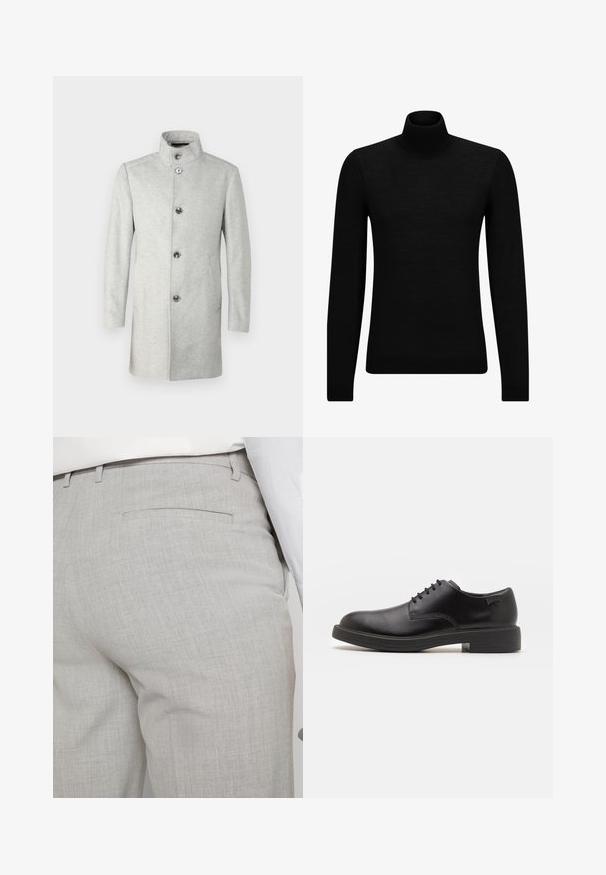 JOOP! MARON - Klassischer Mantel - medium grey; Schwarzer Rollkragenpullover aus weichem Material mit langen Ärmeln und enger Passform. Rippbesatz am Saum und an den Bündchen. Einfaches Design.; Hellgraue, maßgeschneiderte Hose aus strukturiertem Stoff, mit einer einzelnen Gesäßtasche und sauberer Nahtführung.; Schwarzer Leder-Schnürschuh mit abgerundetem Zeh, glatter Textur, minimaler Naht und niedrigem Gummiabsatz. Logo auf der Ferse.