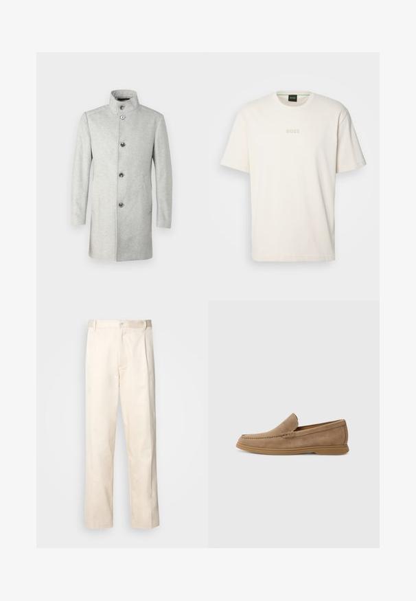 JOOP! MARON - Klasisks mētelis - medium grey; BOSS TEE - Pamata T-krekls - open white; Bežā krāsā auduma bikses ar taisnu kāju griezumu, pievienotām pogu aizdares un priekšējiem krokām papildu detaļām.; Brūni zamšaini slīdneši ar gludu tekstūru un stitched detaļām; aprīkoti ar gumijas zoli, lai nodrošinātu saķeri.