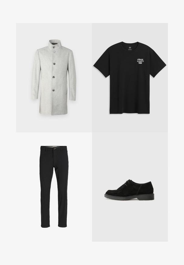 JOOP! MARON - Klasszikus kabát - medium grey; Fekete pamut póló, melynek mellkasi nyomata "HOUSE PLANTS" felirattal fehér stilizált betűkkel, alatta a "Levi's" felirattal. Klasszikus kerek nyakú.; Fekete pamut keverék nadrág, slim fit szabással, gombos záródással, zsebekkel és felgöngyölt szárakkal a laza végeredményért.; Fekete velúr öltönycipő lekerekített orral, kontrasztos varrással és gumitalppal. Minimalista fűzéssel és sima felső kialakítással rendelkezik.