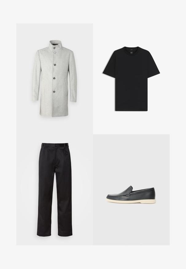 JOOP! MARON - Cappotto classico - medium grey; Maglietta nera a maniche corte realizzata in un morbido misto cotone, con scollatura a girocollo e un design minimalista senza motivi o dettagli.; Pantaloni neri realizzati in tessuto morbido, con chiusura frontale a bottone, pieghe e gambe dritte. Nessun motivo o accento visibile.; Mocassini neri in pelle con finitura testurizzata e suola in gomma beige a contrasto. Presentano un accento sottile lungo la parte anteriore.
