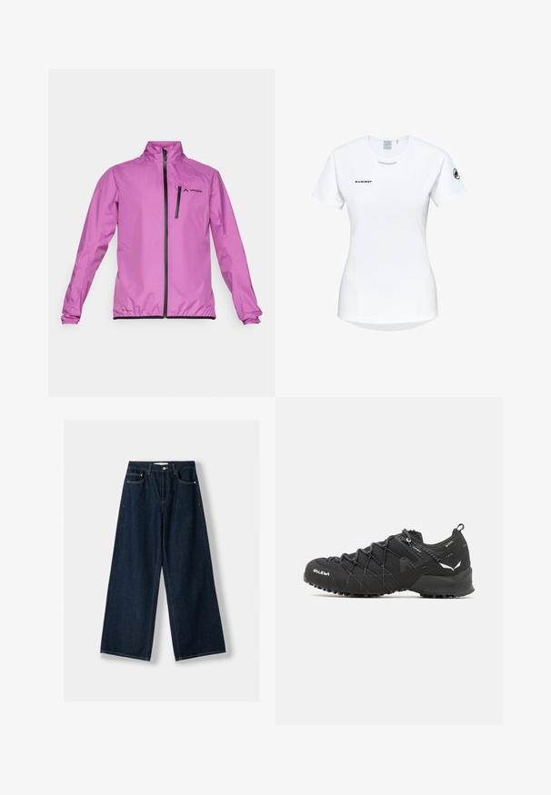 Rozewindjack met een hoge kraag, voorkanter, elastische manchetten en een borstzak. Heeft een zwart merklogo.; Korte mouwen witte sportshirt met een ronde halslijn, voorzien van een logo op de borst en een gladde, lichte stoftextuur.; Donkerblauwe, wijde spijkerbroek van denim. Beschikt over vijf zakken, een knoop- en ritssluiting, en contrasterende stiksels.; Zwarte wandelschoenen met een bovenkant van textuurstof, een vetersysteem en een robuuste rubberen zool. Verfraaid met reflecterende details en logo's.