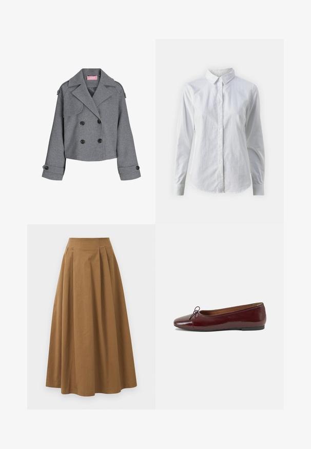 Casaco cinza, cropped, de botão duplo em tecido texturizado. Apresenta grandes botões pretos, lapelas pontiagudas e punhos com botão. Interior forrado.; Camisa branca de botão feita de algodão suave, com colarinho clássico, mangas longas e bainha curva. Os botões são pequenos e brancos.; Saia A-line de algodão castanho com cintura alta, apresentando pregas na parte da frente e uma textura suave. As bordas da bainha são limpas e simples.; Bailarinas em couro sintético borgonha com bico redondo, pequeno laço na frente e sola baixa em borracha preta. Textura suave.
