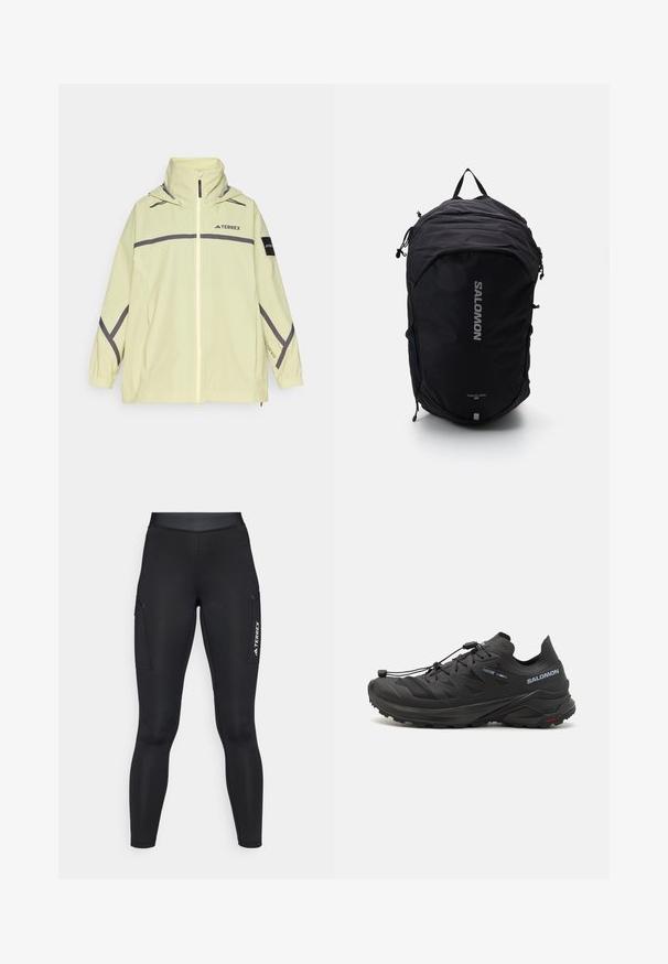 Light yellow waterproof jacket with a front zip, adjustable hood, grey accents, and elastic cuffs. Features logo on chest and sleeve.; Long-sleeve white athletic top with mock neck and small centered logo on chest, displayed on a plain background.; Black athletic leggings with a fitted design, made of stretchy material. Features side pockets and white "TERREX" branding.; Black trail running shoes with a textured upper, mesh panels, and a secure fastening system. Features a rugged outsole for traction.; Black backpack with a streamlined design, textured fabric, adjustable straps, and a prominent silver "SALOMON" logo on the front.