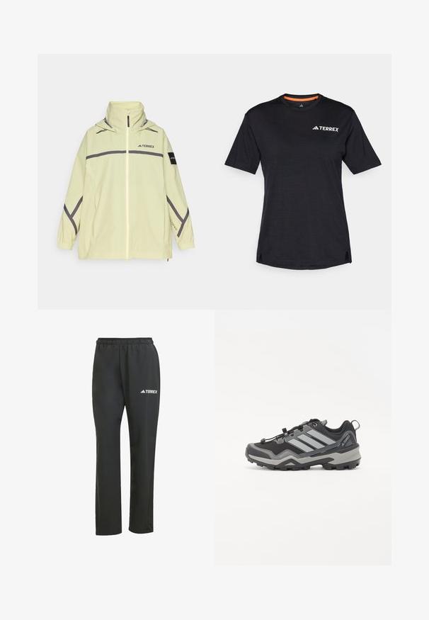Lys gul vanntett jakke med frontglidelås, justerbar hette, grå detaljer og elastiske mansjetter. Har logo på brystet og ermet.; Svart T-skjorte med kort erme og rund hals, med en subtil melert tekstur og hvit "TERREX" logo på øverste venstre side.; Svarte lette bukser med elastisk liv. Har en subtil "TERREX"-logo i hvitt. Glatt stoff og rett ben-design.; Svart og grå fjellsko med en teksturert overflate, gummisåle og tre fremtredende grå striper på siden; har et raskt snøringssystem.