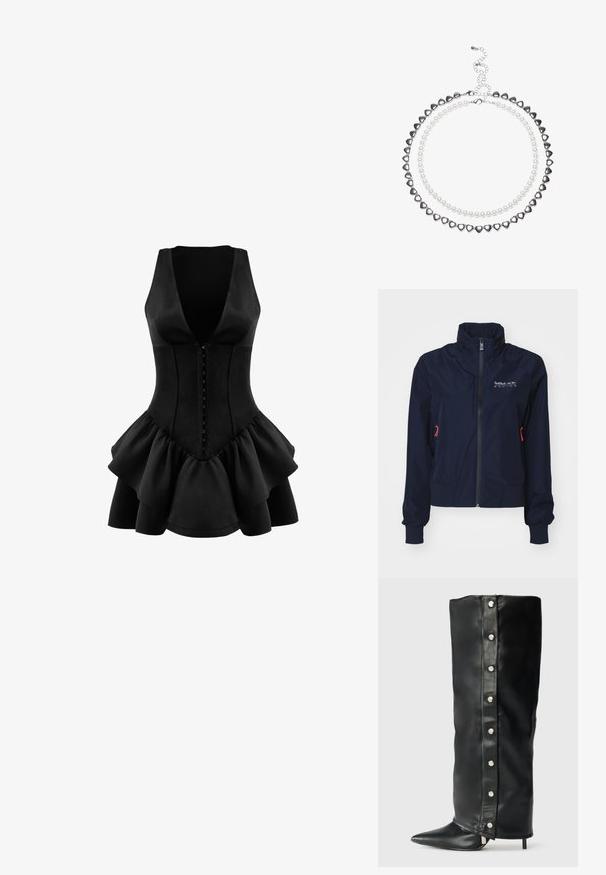 La vux ajako renkolita navy blue kun altijillo alto, zipero antijaro, elasticaj maniko, kaj ruĝaj akcentoj. Logo sur la supra maldekstra brusto.; OW Collection AUGUSTA - Trikoomekko - black; Mustat nahkasaappaat, joissa on korkea korko, tiukka muotoilu, teräväkkäinen varvas ja hopeiset nappikiinnitykset sivuilla.; Mustan kiiltävän nahkan käsilaukku kolmion muotoisena, varustettuna ylhäältä avattavalla vetoketjulla ja säädettävällä hihnalla. "KARL LAGERFELD JEANS" -logo hopeisena.; Kaksikerroksinen kaulakoru, jossa on hopeanvärisiä sydämenmuotoisia helmiä ja valkoisia helmiä. Säädettävä ketjukiinnitys varmasta istuvuudesta. Sujuva pinta ja kiiltävä viimeistely.