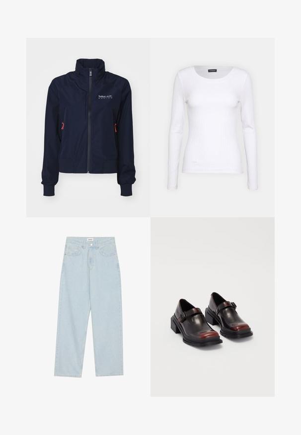 Marinblå vindjacka med hög krage, framdragkedja, elastiska mudd och röda detaljer. Logotyp på övre vänster bröst.; Vit ribbad långärmad topp med rund halsringning. Tillverkad av ett elastiskt material som följer kroppens konturer. Har diskreta horisontella linjer.; Ljust blå vida jeans av denim, med en medelhög midja, fem fickor och en knappstängning med en smal metallaccent.; Läder blockklacksskor med en glänsande mörk burgundy finish, utrustade med en spänne och rund tå-design. Texturerad yttersula för bra grepp.