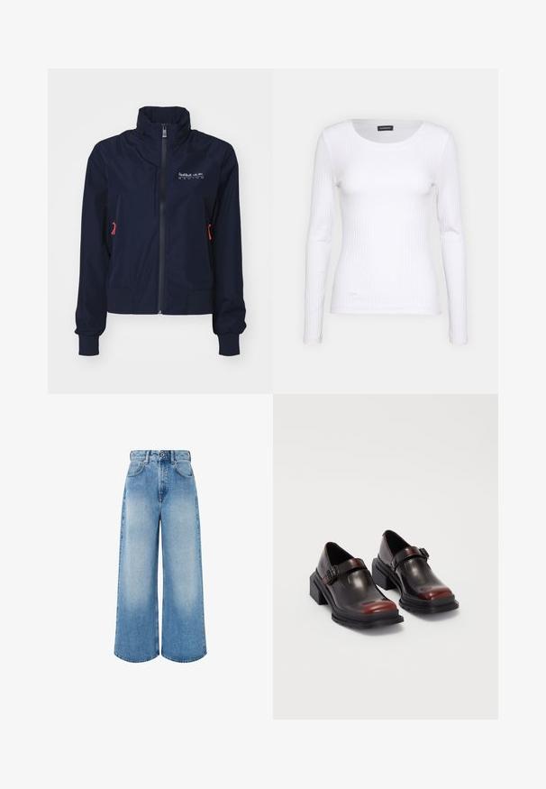 Tamsiai mėlynas vėjo nepraleidžiantis džemperis su aukšta apykakle, priekiniais užtrauktukais, elastingomis rankogaliais ir raudonomis detalėmis. Logotipas kairėje krūtinės pusėje.; Balta, raukšlėta ilgarankovė palaidinė su apvalia iškirpte. Pagaminta iš elastingos medžiagos, kuri prisitaiko prie kūno. Pasipuošusi subtiliomis horizontaliosiomis linijomis.; Šviesiai mėlynos plačios kojų džinsinės kelnės, pagamintos iš džinsinio audinio, su aukštu liemeniu, mygtukų užsegimu ir subtiliu išblukimu, turinčiu švarius apdailos kraštus.; Odiniai blokiniai kulniukai su blizgiu tamsiai rudų vyno atspalviu, su sagties dirželiu ir apvalia nosimi. Tekstūruotas padas geresniam sukibimui.